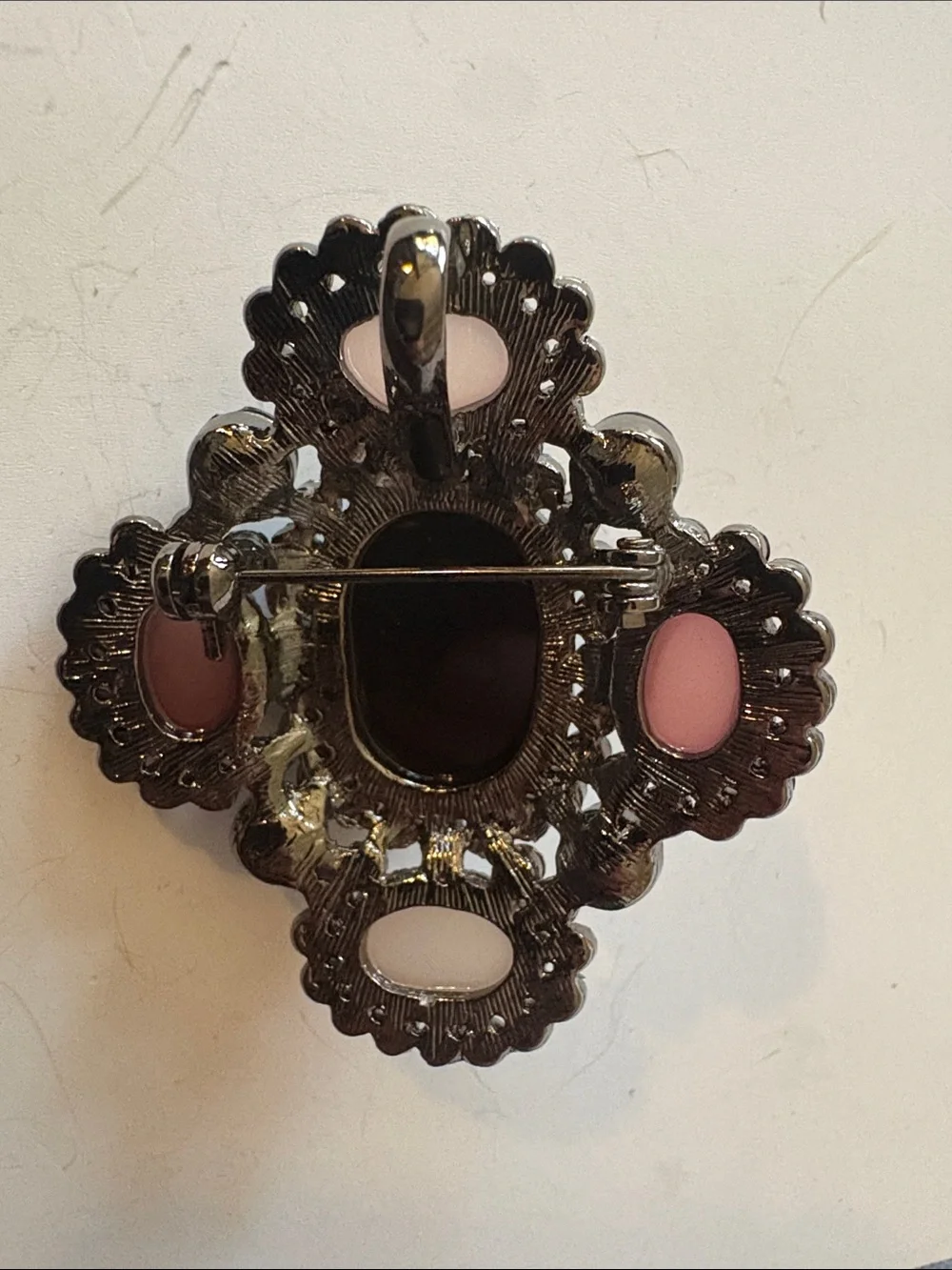 Vintage Statement Black and Pink Gemstone Brooch